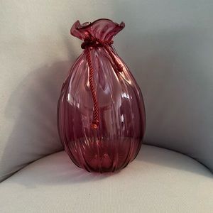Vintage Cranberry Pilgrim Glass Vase w/Ruffled Edges & Rope. 10” H 6” W 6” Exc.